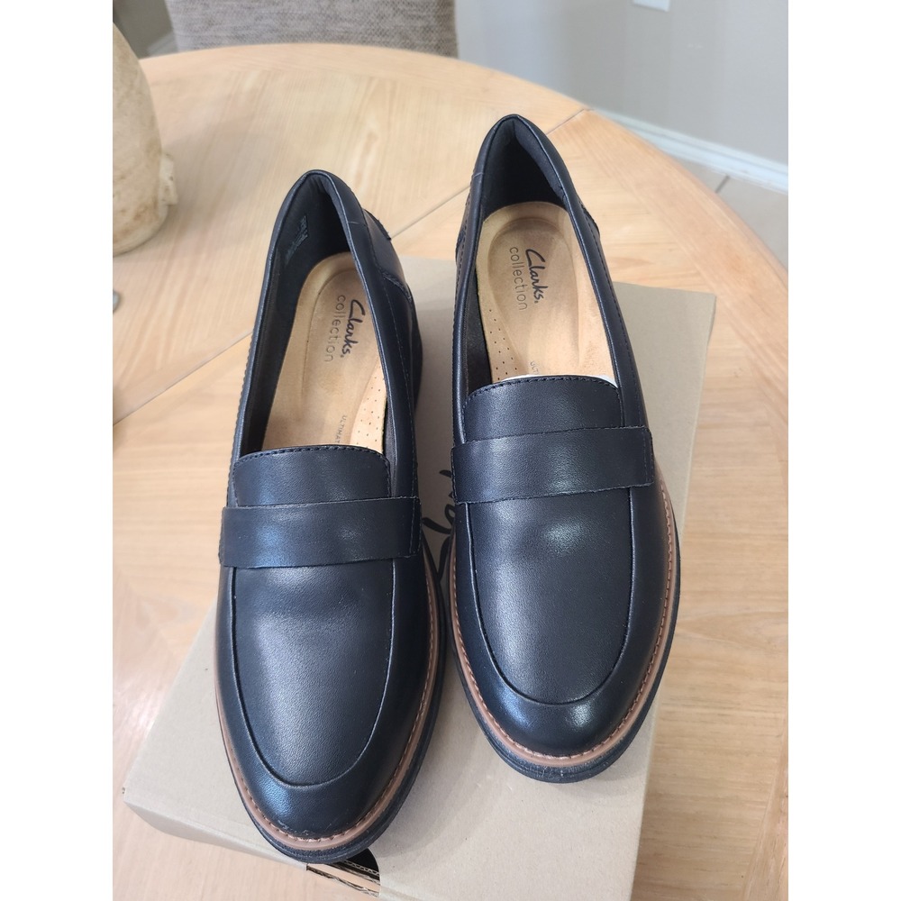 Clarks Sharon Graci Wedge Loafers Womens 10 Black Leather